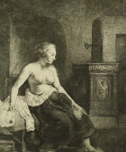 Eine halb angezogene Frau sitzt neben einem Ofen, 1658