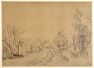 Eine Hauptstraße, die durch Bäume zu einem Haus führt (zwei Brücken und Torzugänge zum Deich) (Feder & Tinte auf braunem Papier) von Rembrandt Harmensz. van Rijn