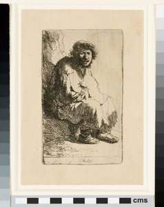 Bettler, der auf einer Bank sitzt von Rembrandt van Rijn