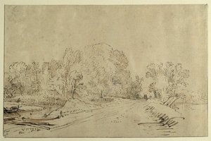Kanal mit Booten, ein Deichweg und Bäume (Rohrfeder & Tinte mit Waschung auf Papier)