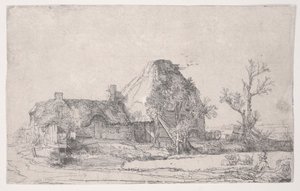 Hütte und Bauerngebäude mit einem Mann beim Skizzieren von Rembrandt van Rijn