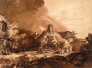 Hütten vor einem stürmischen Himmel von Rembrandt van Rijn