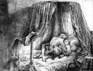 Paar, das im Bett Liebe macht, Gravur von Rembrandt van Rijn (1606-1669) 1646