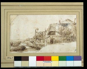 Landschaft mit Bauernhäusern auf der rechten Seite