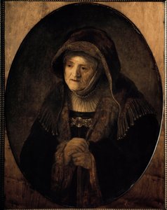 Porträt der Mutter des Künstlers, die sich auf ihren Stock stützt von Rembrandt van Rijn