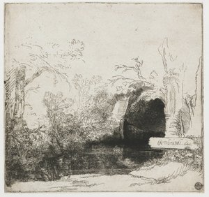 Ein Bach mit einer Grotte und einem Boot