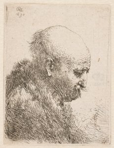 Kahlköpfiger Mann (Rembrandts Vater?) im Profil rechts; kleine Büste von Rembrandt van Rijn