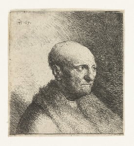 Glatzköpfiger Mann in einem Pelzmantel: Büste von Rembrandt van Rijn