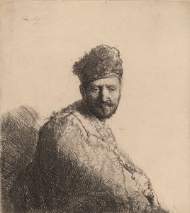 Bärtiger Mann in einer pelzbesetzten orientalischen Kappe und Robe: der Vater des Künstlers, 1631 von Rembrandt van Rijn