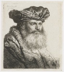 Bärtiger Mann mit Samtkappe und juwelenbesetzter Spange von Rembrandt van Rijn