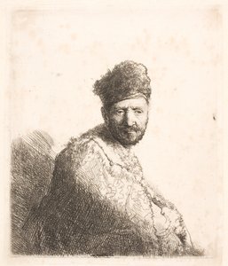Bärtiger Mann (Rembrandts Vater?) in pelzbesetzter orientalischer Mütze und Robe: halbe Länge