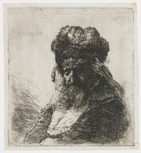 Bärtiger alter Mann mit geschlossenen Augen und hoher Pelzmütze von Rembrandt van Rijn