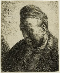 Bartloser Mann in einem Pelzmantel und einer Mütze: Büste von Rembrandt van Rijn