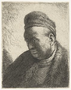 Bartloser Mann in einem Pelzmantel und einer Mütze: Büste von Rembrandt van Rijn