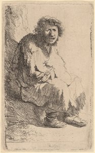 Bettler, der auf einer Bank sitzt von Rembrandt van Rijn