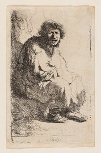 Bettler, der auf einer Bank sitzt von Rembrandt van Rijn