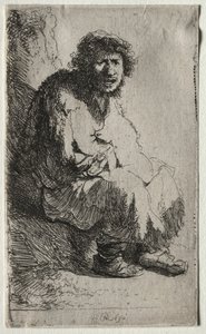 Bettler, der auf einem Ufer sitzt von Rembrandt van Rijn