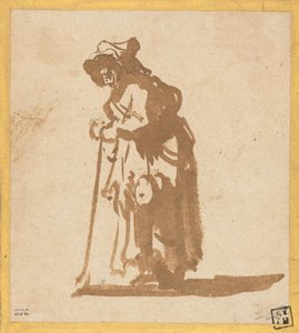 Bettlerin, die auf einem Stock lehnt von Rembrandt van Rijn