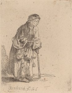 Bettlerin, die sich auf einen Stock stützt von Rembrandt van Rijn