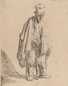 Bettler mit hohem Hut, stehend und auf einen Stock gestützt, um 1630
