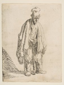 Bettler mit hoher Mütze, stehend und auf einen Stock gestützt, ca. 1629 von Rembrandt van Rijn