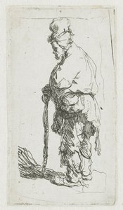 Bettler, der sich auf einen Stock stützt, nach links gewandt von Rembrandt van Rijn