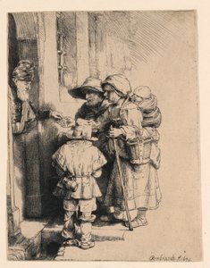 Bettler erhalten Almosen an der Tür eines Hauses