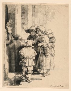 Bettler, die Almosen an der Tür eines Hauses erhalten