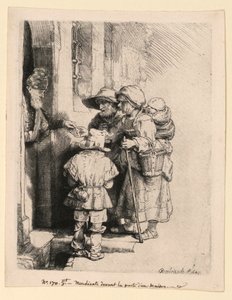 Bettler, die Almosen an der Tür eines Hauses erhalten von Rembrandt van Rijn