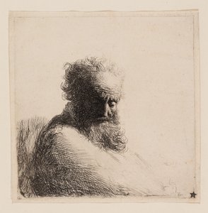 Büste eines alten bärtigen Mannes, der nach unten schaut, drei Viertel rechts von Rembrandt van Rijn