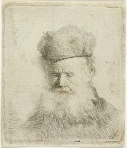 Büste eines alten Mannes mit Pelzmütze und fließendem Bart, fast im Vollgesicht von Rembrandt van Rijn