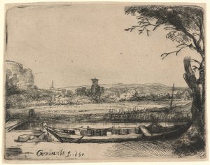 Kanal mit einem großen Boot und einer Brücke von Rembrandt van Rijn