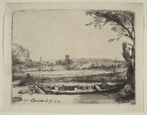 Kanal mit einem großen Boot und einer Brücke, 1650 von Rembrandt van Rijn
