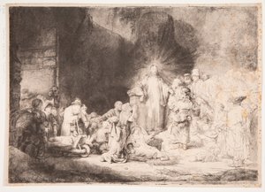Christus mit den Kranken um ihn, empfängt kleine Kinder (der "Hundert-Gulden-Druck") von Rembrandt van Rijn