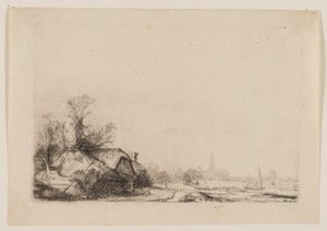 Hütte neben einem Kanal mit Blick auf Ouderkerk von Rembrandt van Rijn
