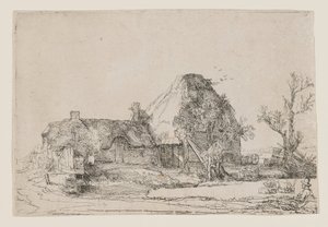 Hütte und Bauerngebäude mit einem zeichnenden Mann von Rembrandt van Rijn
