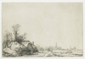 Hütte neben einem Kanal mit Blick auf Ouderkerk von Rembrandt van Rijn