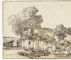 Hütte mit weißem Zaun zwischen Bäumen von Rembrandt van Rijn