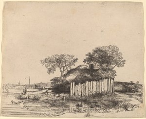 Hütte mit weißem Zaun von Rembrandt van Rijn