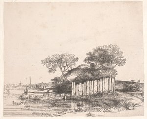 Hütte mit weißem Zaun von Rembrandt van Rijn