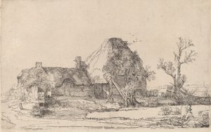 Häuser und Bauerngebäude mit einem zeichnenden Mann, ca. 1645 von Rembrandt van Rijn