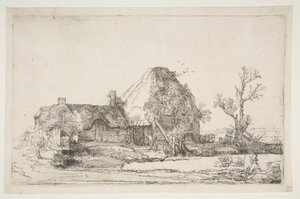 Hütten und Bauernhäuser mit einem Mann beim Skizzieren, ca. 1645 von Rembrandt van Rijn