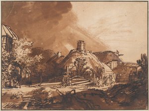 Häuser unter einem stürmischen Himmel, um 1640 von Rembrandt van Rijn