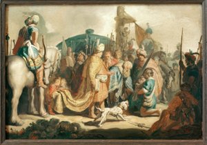 David kniet mit dem Haupte Goliaths vor Saul