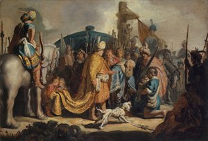 David mit dem Kopf von Goliath vor Saul von Rembrandt van Rijn