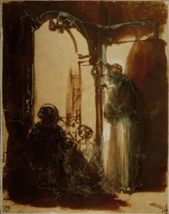 Drei Frauen an der Tür von Rembrandt van Rijn