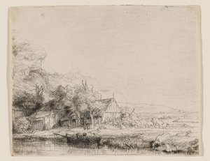 Landschaft mit einer Kuh, die trinkt