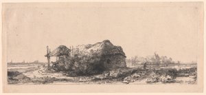 Landschaft mit Hütten und einer Heuscheune: Querformat von Rembrandt van Rijn