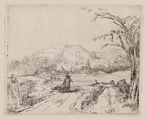 Landschaft mit Jäger und Hunden