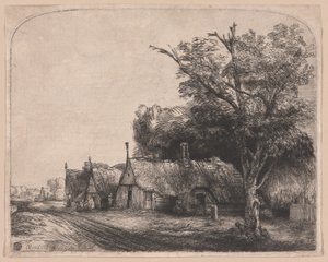 Landschaft mit drei Giebelhäusern an einer Straße von Rembrandt van Rijn